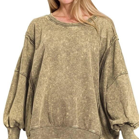 Zenana Acid Wash Exposed-Seam High Low Sweatshirt - Picture 1 of 3